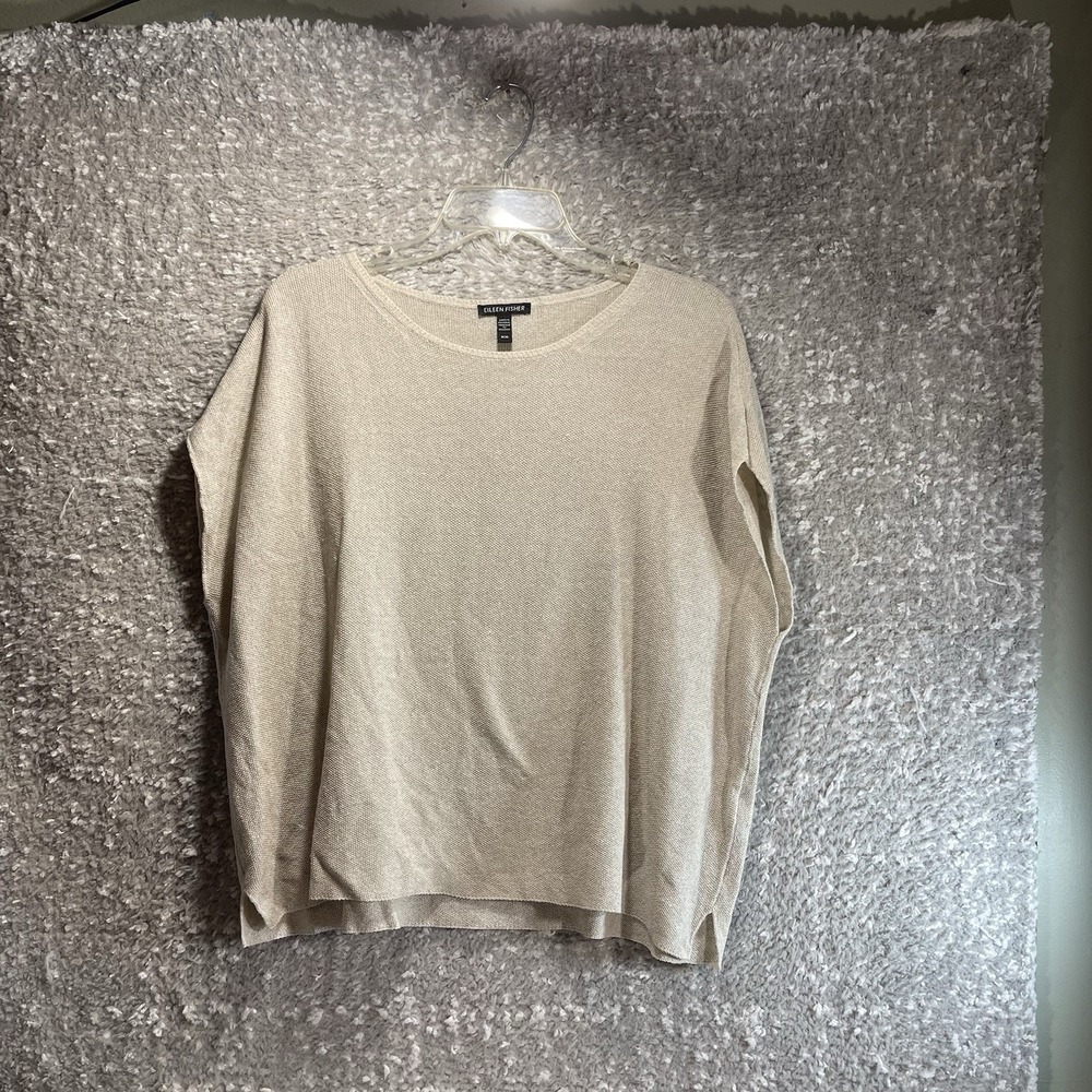 Eileen Fisher Organic Linen Blend Dolman Sleeve M Brown Top Coastal Beach Preppy